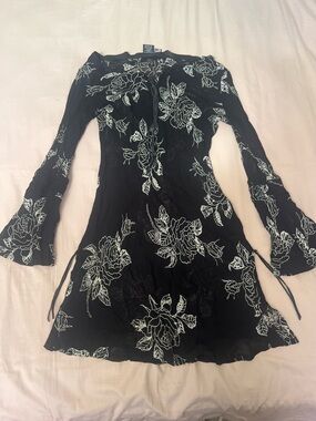 Rampage Black Sheer Dress with White Floral Print and Tie Waist
